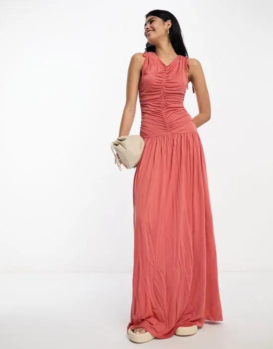 sleeveless ruched detail maxi dress in rust