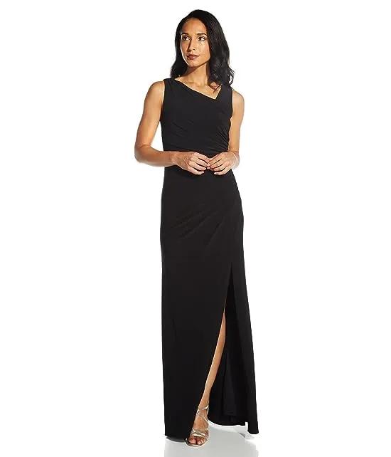 Sleeveless Stretch Jersey Ruched Long Gown
