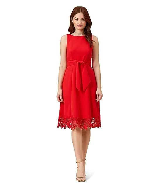 Sleeveless Stretch Knit Crepe Tie Front Dress with Lace Hem