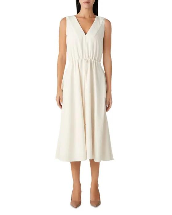 Sleeveless Tweed Trim Drawstring Midi Dress