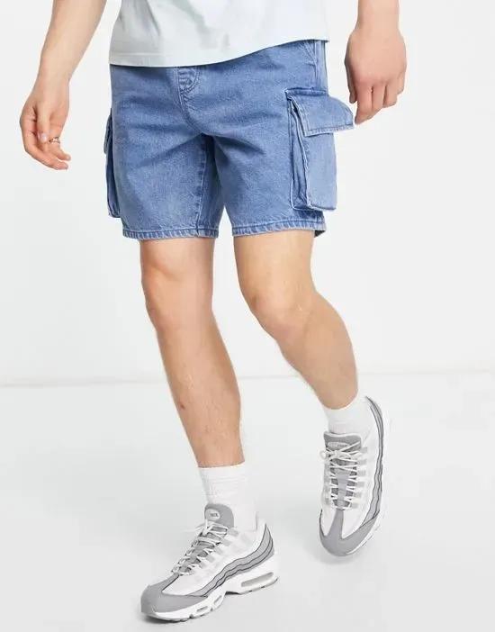 slim cargo denim shorts with elastic waist in mid wash blue
