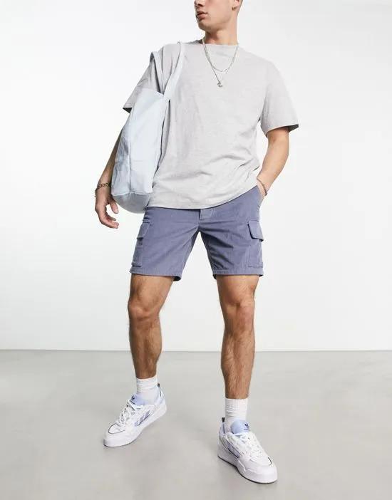 slim cargo shorts in mid length in cord in gray