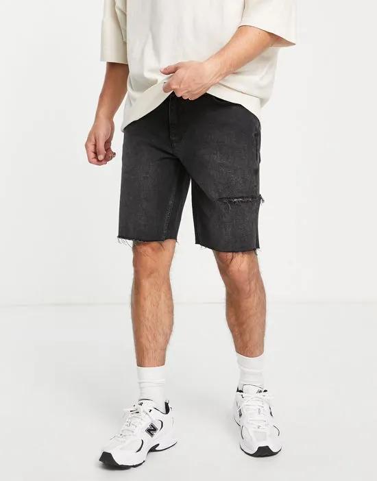 slim denim short with thigh rip in washed black