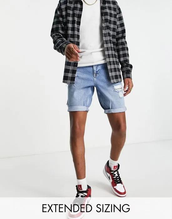 slim denim shorts in mid blue wash with rips