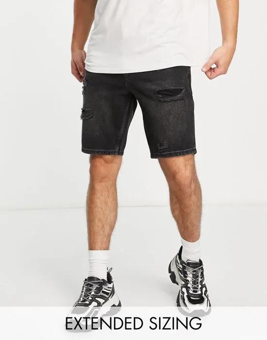 slim denim shorts with rips in washed black
