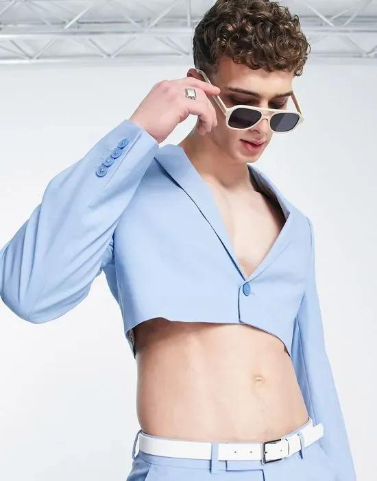 slim extreme cropped suit jacket in pale blue