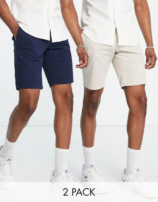 slim fit 2 pack chino shorts in navy & beige