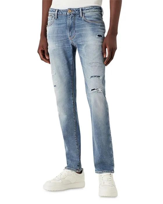 Slim Fit Distressed Jeans in Solid Dark