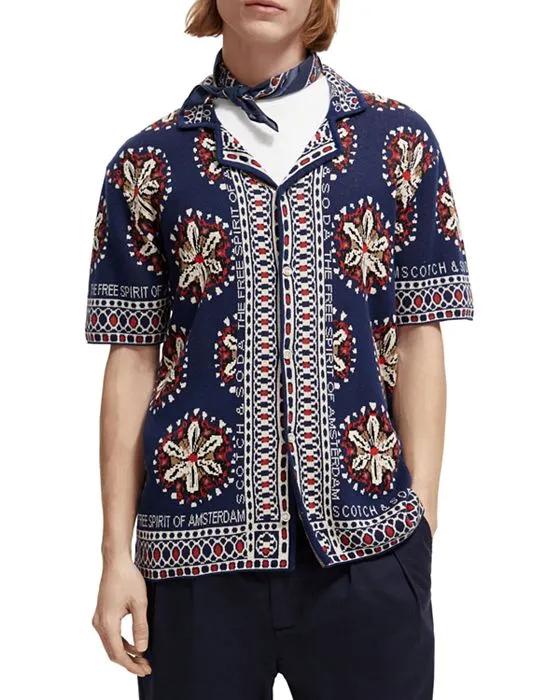 Slim Fit Jacquard Short Sleeve Camp Shirt