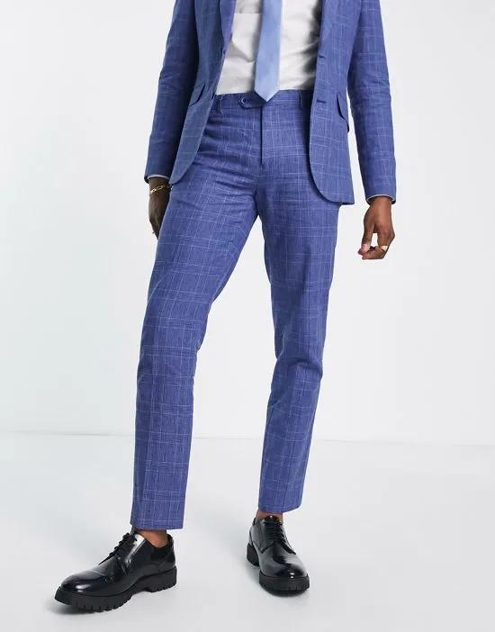 slim fit suit pants in blue plaid