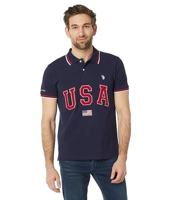 Slim Fit USA Applique Flag Print Knit Polo Shirt