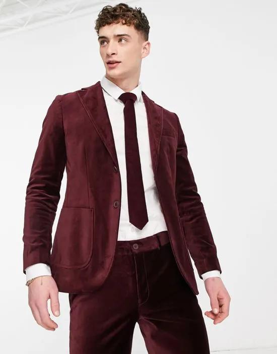 slim fit velvet suit jacket in burgundy