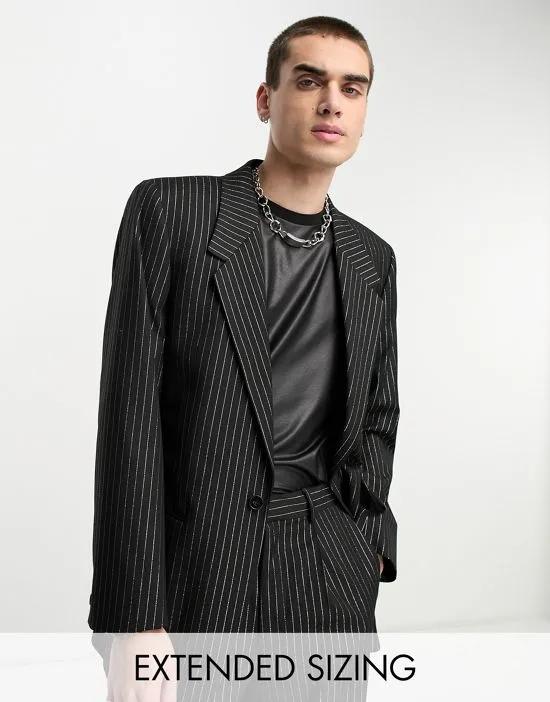 slim longline suit jacket in black with gold pinstripe
