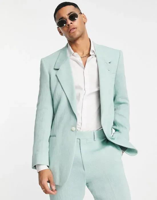 slim longline suit jacket in mint green plisse