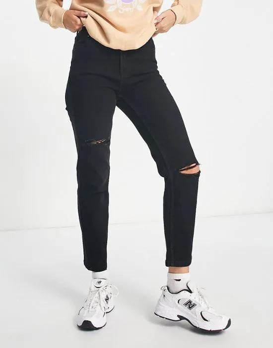 slim mom jean with stretch and rip in black