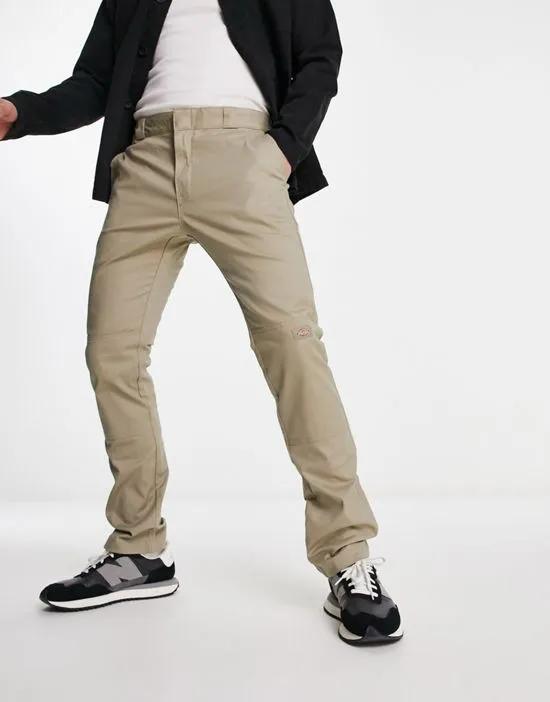 slim skinny double knee work chino pants in khaki