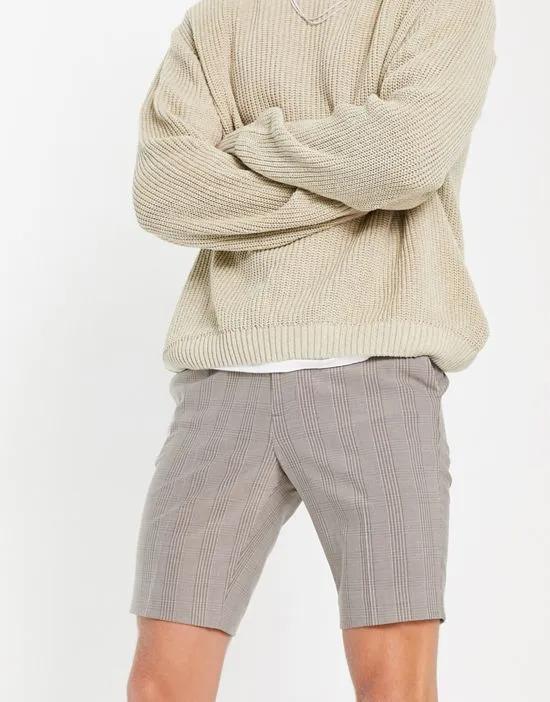 slim smart shorts in brown prince of wales plaid