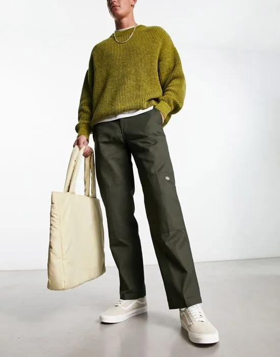 slim straight double knee work chino pants in olive green