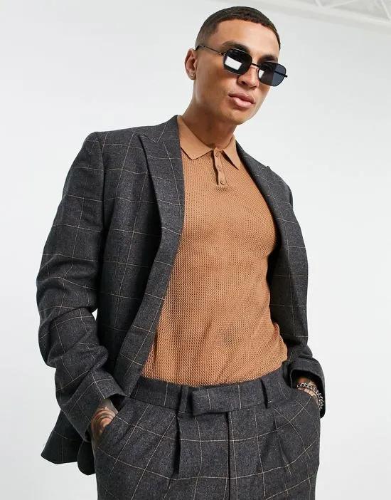 slim suit jacket in wool mix check in gray