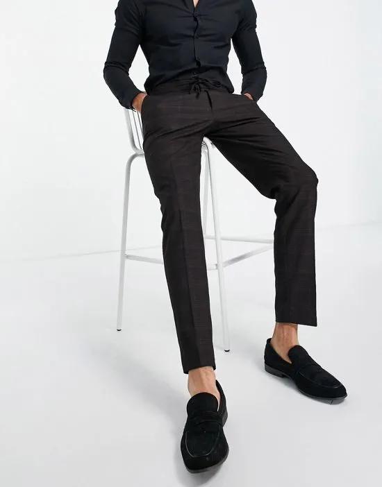 slim suit pants in crosshatch check in navy with drawstring waist
