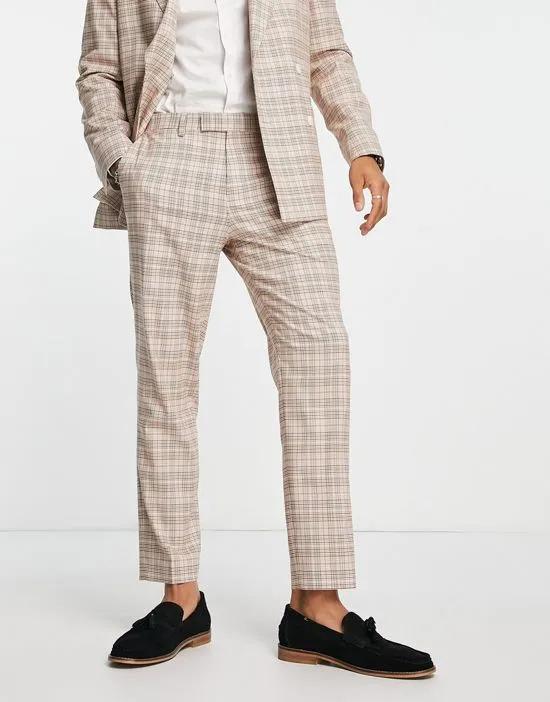 slim tapered suit pants in stone and pink check
