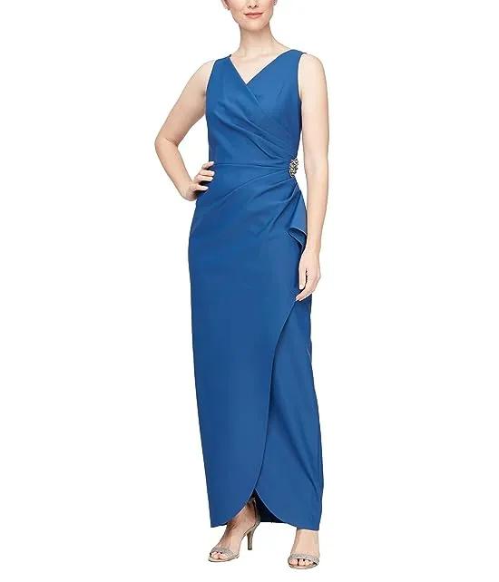 Slimming Long Side Ruched Dress with Cascade Ruffle Skirt