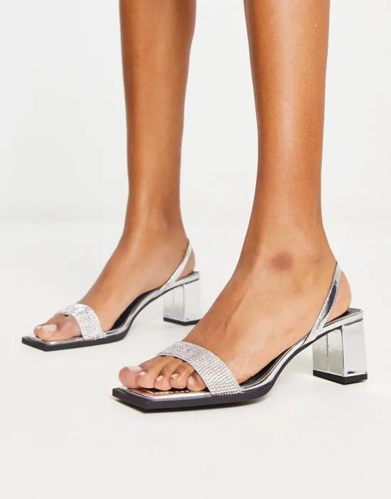 sling back embellished block heel sandals in silver