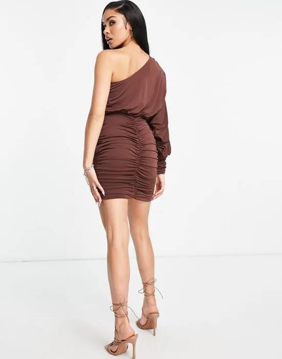 slinky one shoulder ruched mini dress in chocolate