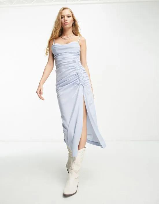 slinky ruched detail midi dress in soft blue