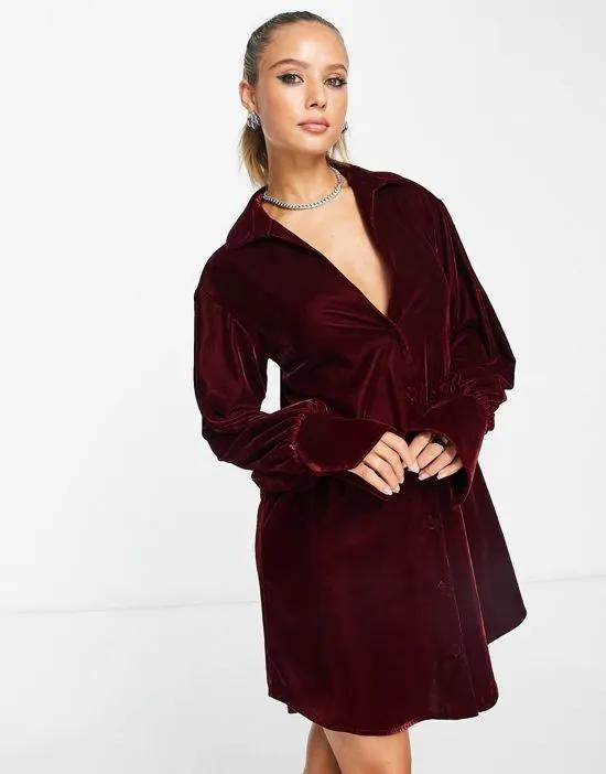 slouchy shirt mini dress in wine velvet