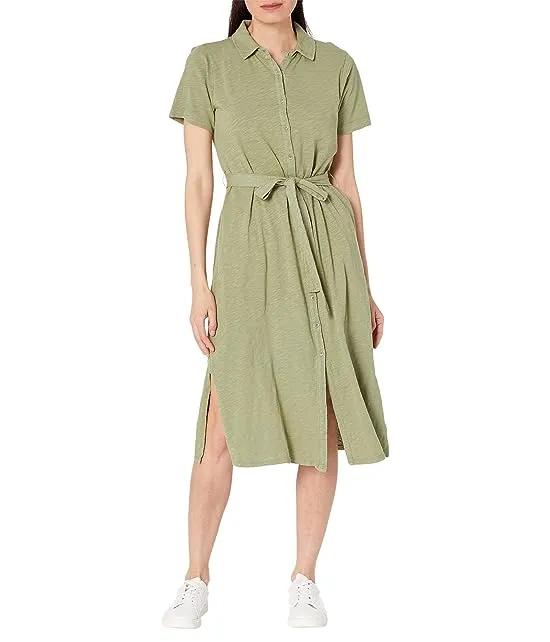 Slub Jersey Short Sleeve Button-Down Dress with Removable Belt