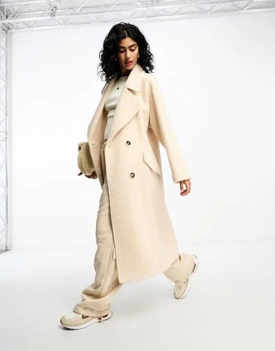 smart double breasted boucle wool mix coat in cream
