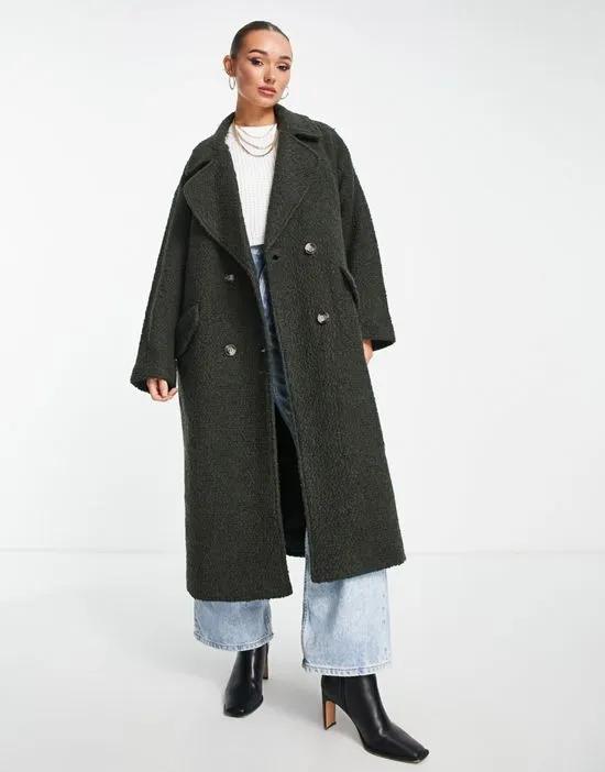 smart double breasted boucle wool mix coat in khaki