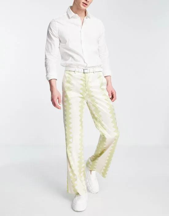 smart flared pants with pastel green abstract stripe