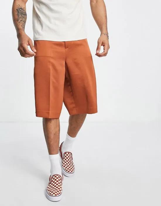 smart longline wide satin shorts in burnt orange