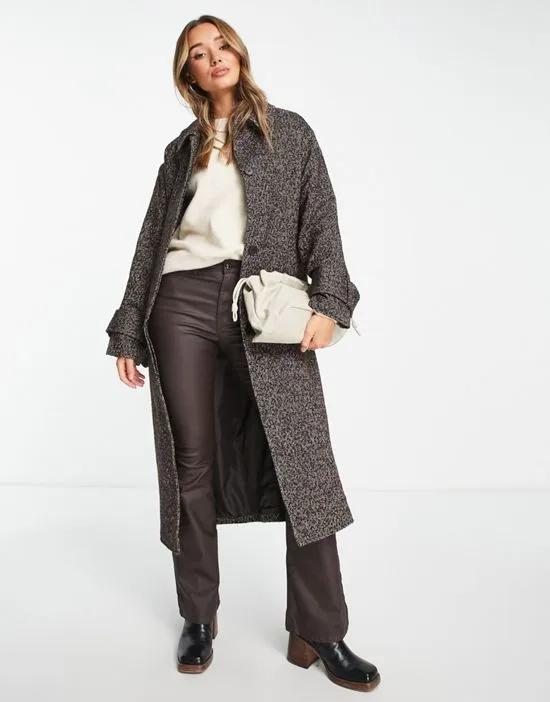smart oversized herringbone coat with belt in brown