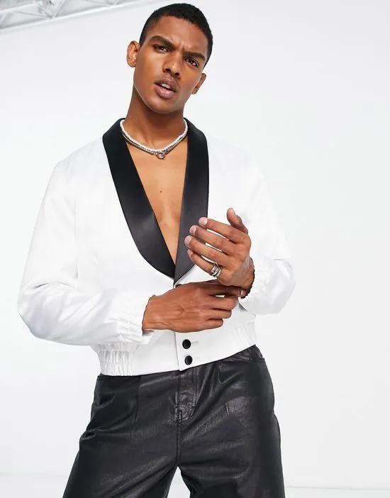 smart shawl collar bomber jacket with pleats in white -set