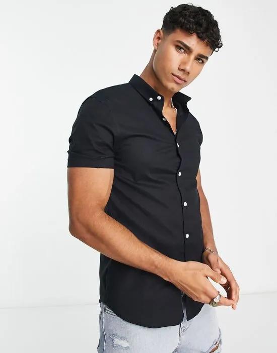 smart short sleeve muscle fit oxford shirt in black