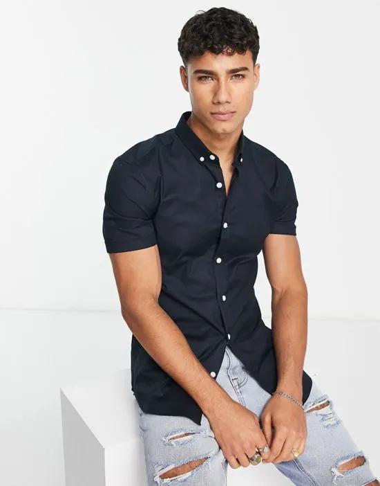 smart short sleeve muscle fit oxford shirt in navy