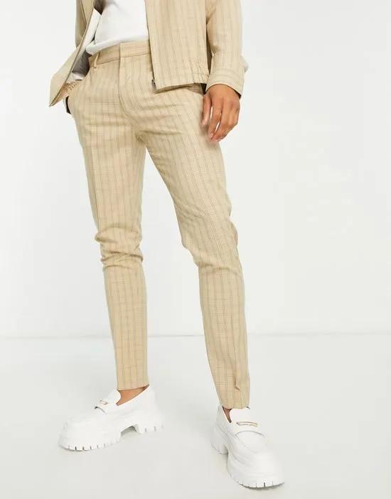 smart skinny pants in stone grid check - part of a set