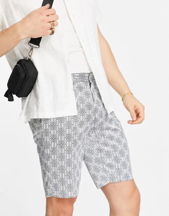 smart slim satin shorts with monogram print in white