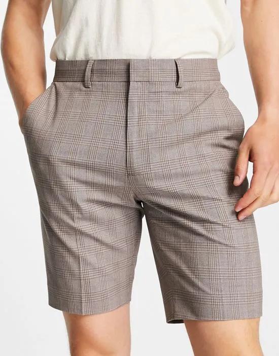 smart slim shorts with prince of wales check in dark stone