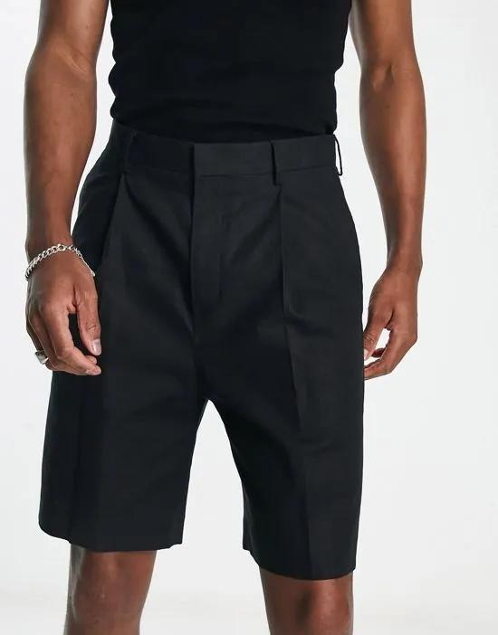smart wide linen mix shorts in black