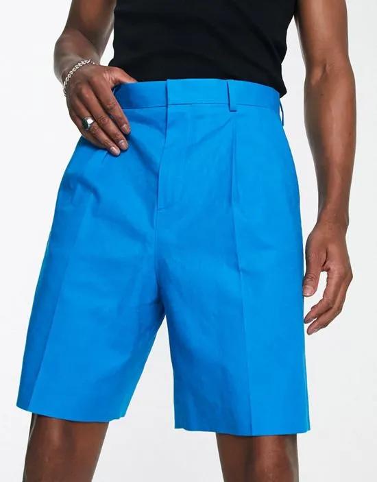 smart wide linen mix shorts in blue