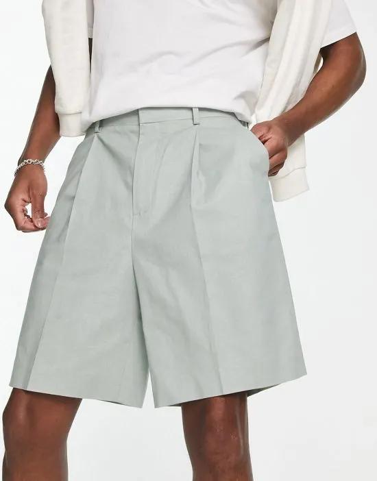 smart wide linen mix shorts in sage green