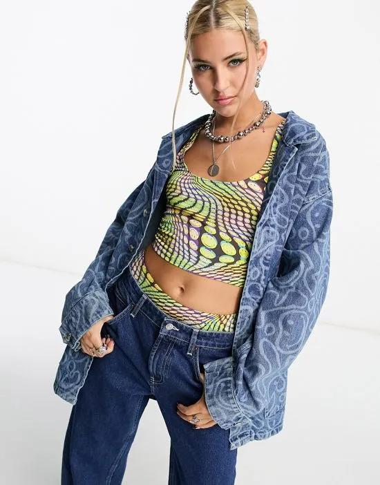 Smiley denim shacket in mid wash blue