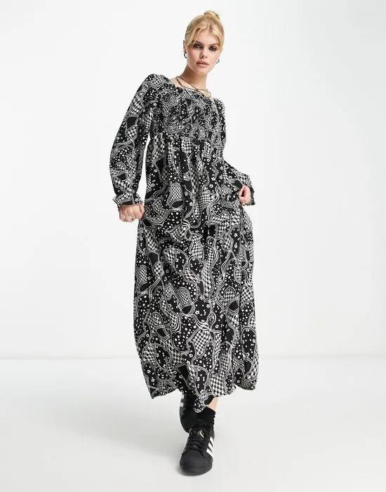 smock maxi dress in black and white print