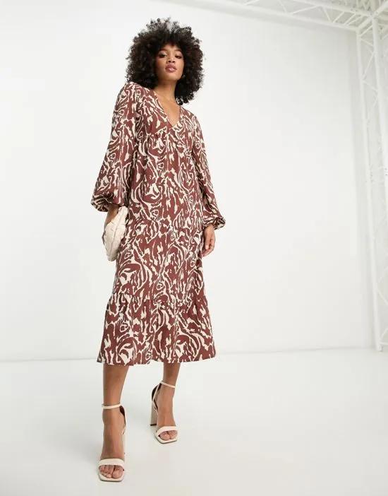 smock midaxi dress in brown abstract zebra print