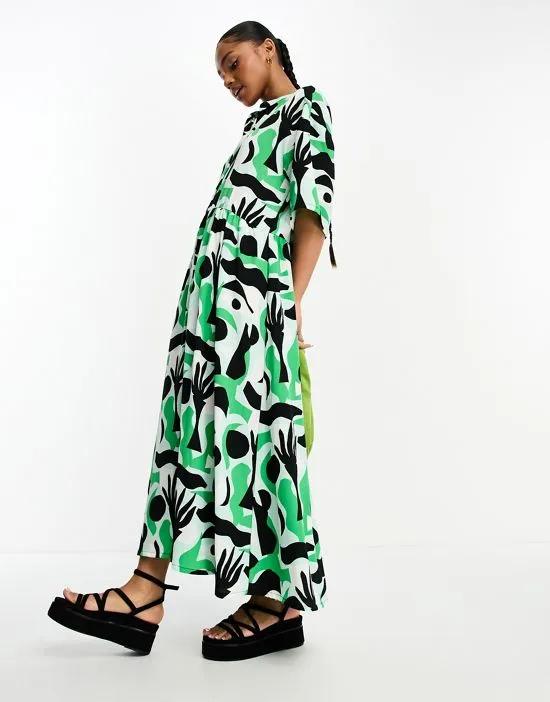 smock midi dress in green abstract print