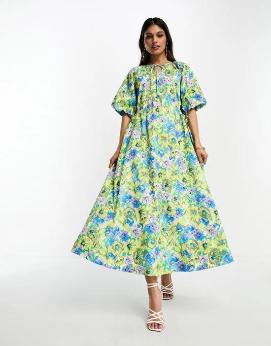 smock midi dress with cut out side details in floral print